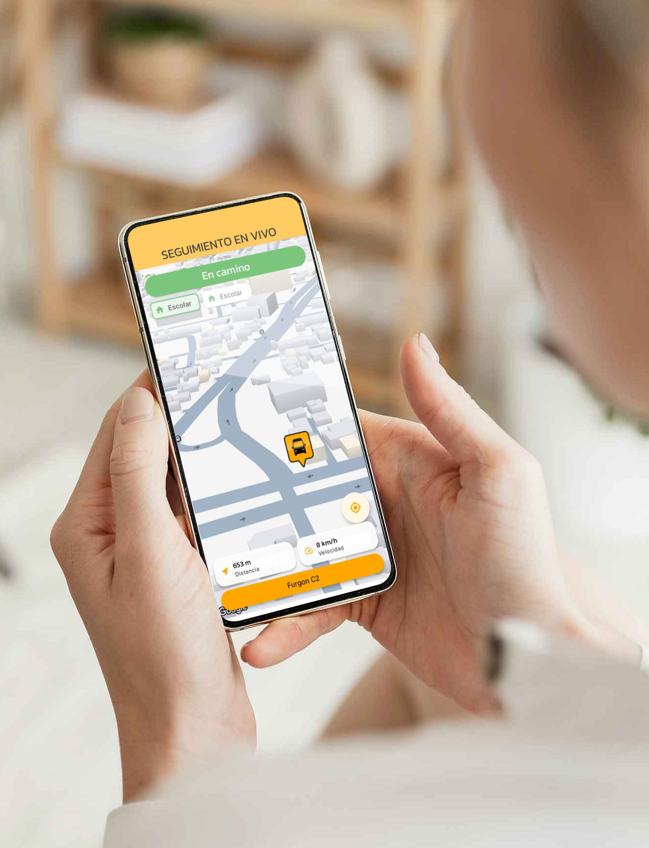 App Ruta Escolar para apoderados mostrando el seguimiento en vivo del furgón escolar